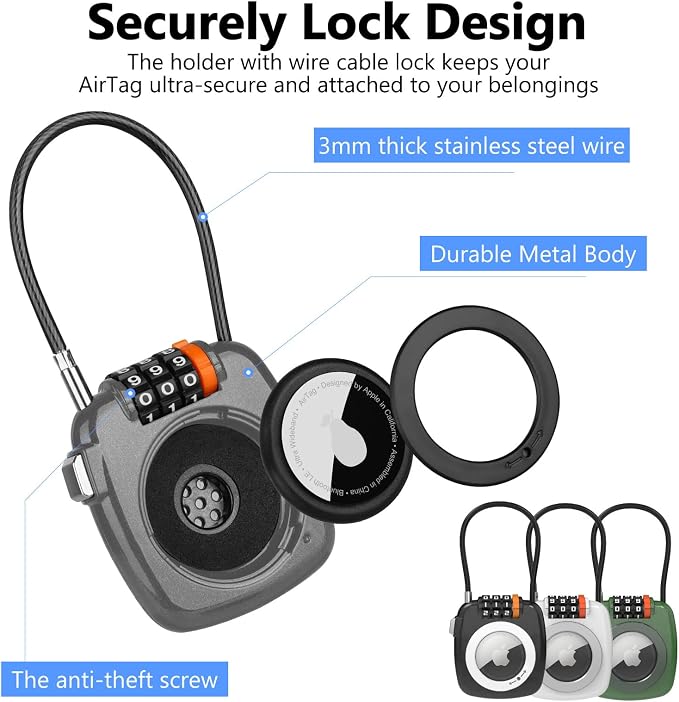 Compatible with Apple AirTag Secure Lock with Wire Cable, 3-Digit Combination Luggage Locks, Alloy Body Ultra Durable Anti-Lost Protective Case for Luggage, Bags, Suitcase, and Backpacks (Grey) - Image 5