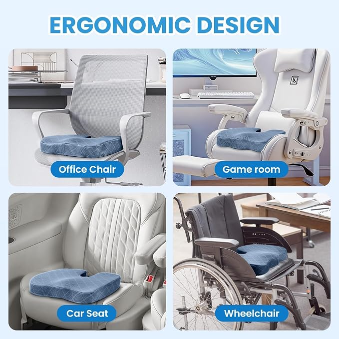 Memory Foam Office Chair Seat Cushion - Light Blue, Large | for Car Seat, Airplane, Desk Chair - Sciatica & Hip & Coccyx Pain Relief Cushion for Long Sitting Office Workers, Car Drivers - Image 5