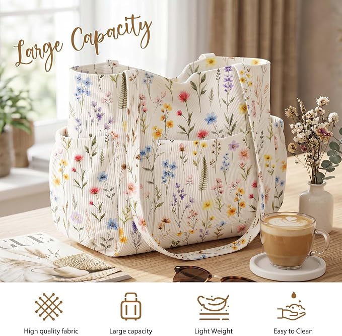 Corduroy Tote Bag for Women,Large Capacity Cute Tote Bags With 6 Pockets,Crossbody Shoulder Handbag for Work Travel Gym - Image 6