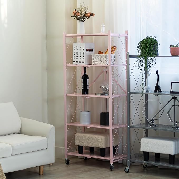 BRIAN & DANY 5-Tier Foldable Storage Shelves with Wheels, Folding Metal Rack Shelving Unit, Heavy Duty No Assembly Organizer Shelf for Garage, Kitchen, Basement, Pantry, Pink - Image 8