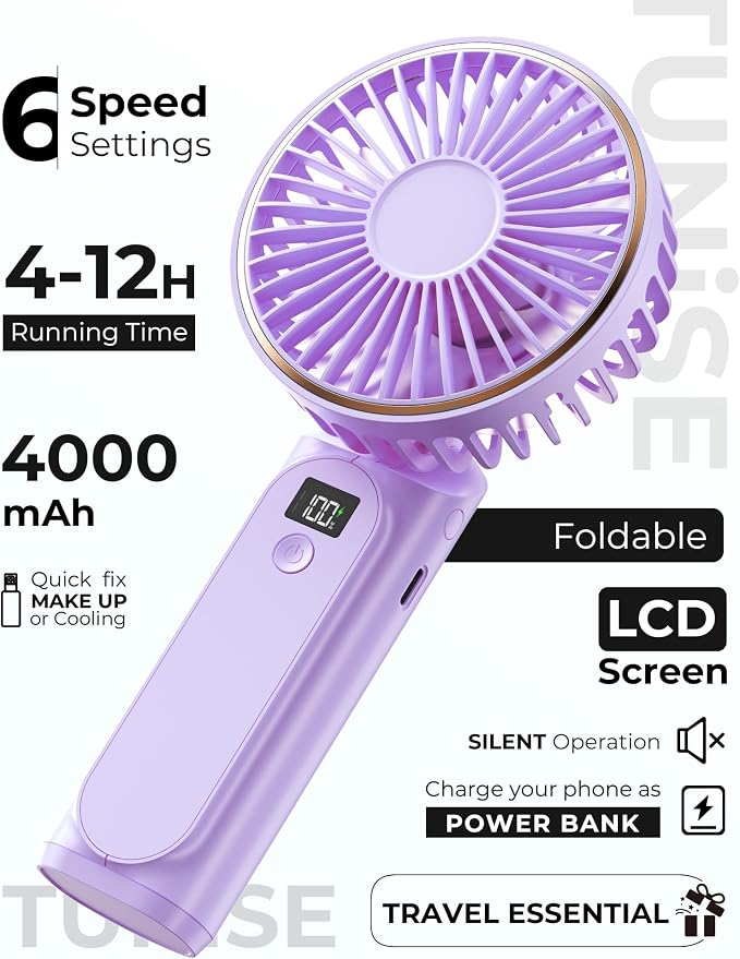 TUNISE Portable Handheld Fan, 4000mAh, 180 Adjustable, 6 Speed Wind, USB Rechargeable Foldable Fan with Real-Time Electricity Display - Image 2