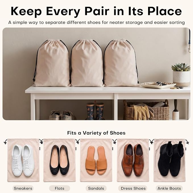 Travel Shoe Bags, 4 Pack Large Flannel Drawstring Bags (Camel Beige) | Soft Flannel fabric, 17.7 x 13.8 in, Fits up to Men's 13, Machine Washable - Image 4