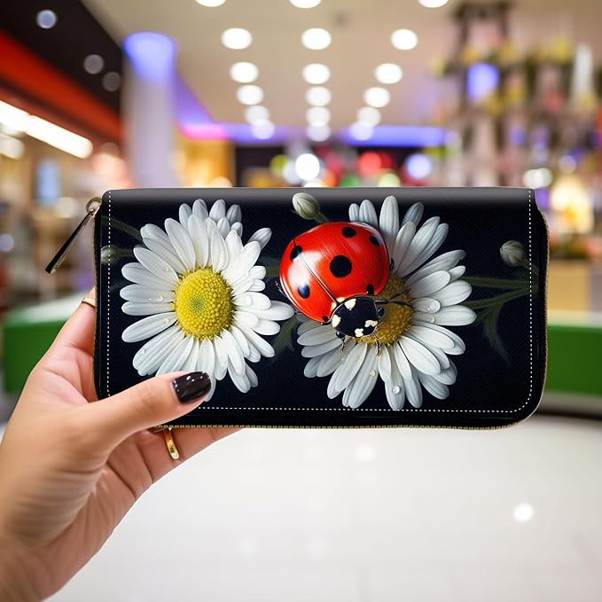 Wallet,Leather Long Wallet Suitable For Ladies And Teenagers - Detachable Wristband + RFID Travel Wallet With Card Slot - Ladybug on Daisy Flower - Image 4
