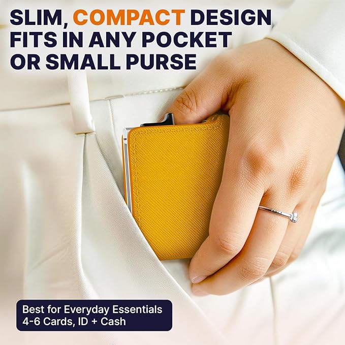 Pop Up Wallet for Women | Slim RFID Blocking Card Holder for Small Purse & Crossbody Bag | Compact Metal Wallet 4-6 Card Capacity | Saffiano Orange - Image 4