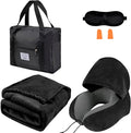 Travel Blanket and Pillow Set - Hooded Neck Pillow Airplane Essential Black | Memory Foam, Sleep Mask, Earplugs, Foldable Duffel Bag Soft Comfort for Long Plane Flight Traveling Car Road Trip Flying by Nerien