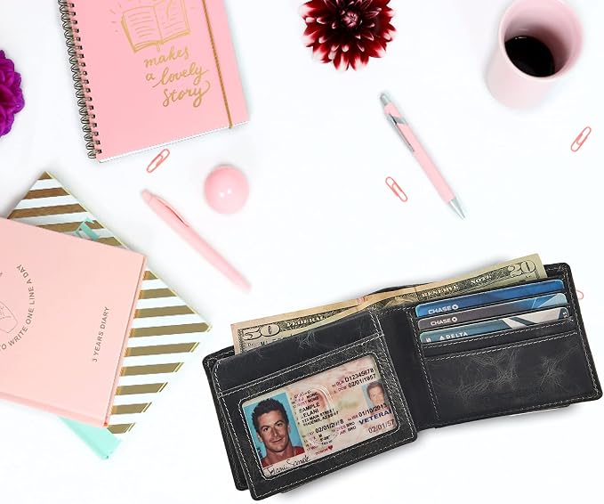 Wallet for Men Slim RFID Blocking Leather Bifold Minimalist 2 ID Windows Gift Box Carteras Para Hombres (DISTRESSED, ANTHRACITE) - Image 4