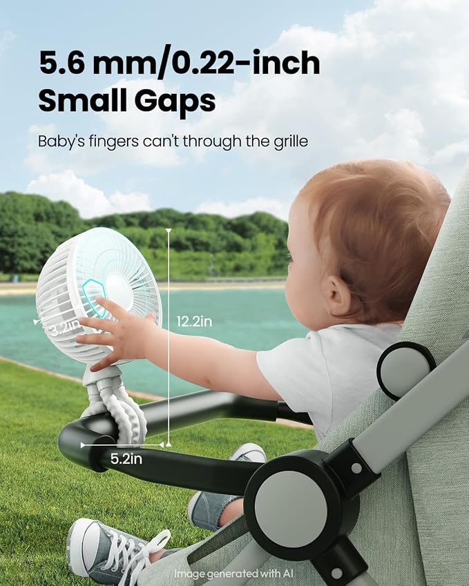 Gaiatop Oscillating Baby Stroller Fan with LED Lights, Rechargeable White | 4-Speed Quiet Cooling, 4.6 In, Battery Operated, 360° Rotate Clip On Small Portable Fans for Car Seat Crib Treadmill Travel - Image 3
