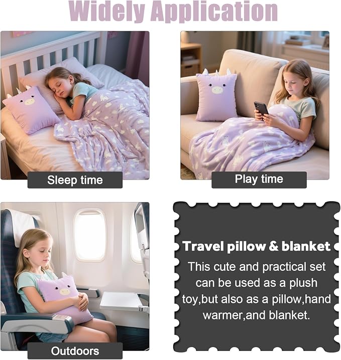 3-in-1 Kids Travel Pillow and Blanket Set | Snuggle Pillow with Hand Warmer, 40x60 inches Unicorn Blanket for Girls Compact, Perfect for Travel, Camping, Home and Office - Image 8