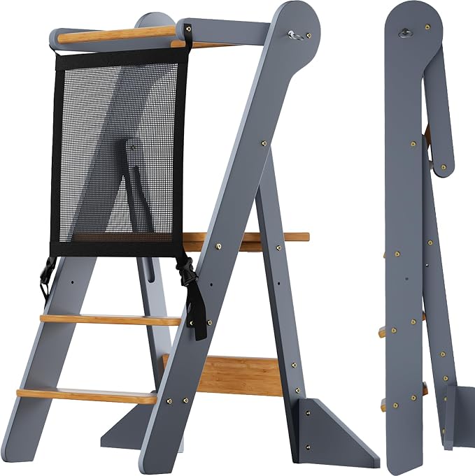 COSYLAND Toddler Standing Tower Foldable Toddler Kitchen Step Stool | Adjustable Height Folding Step Stool for Kids Learning and Cooking - Ages 18 Months to 6 Years with Safety Net Natural & Grey by COSYLAND