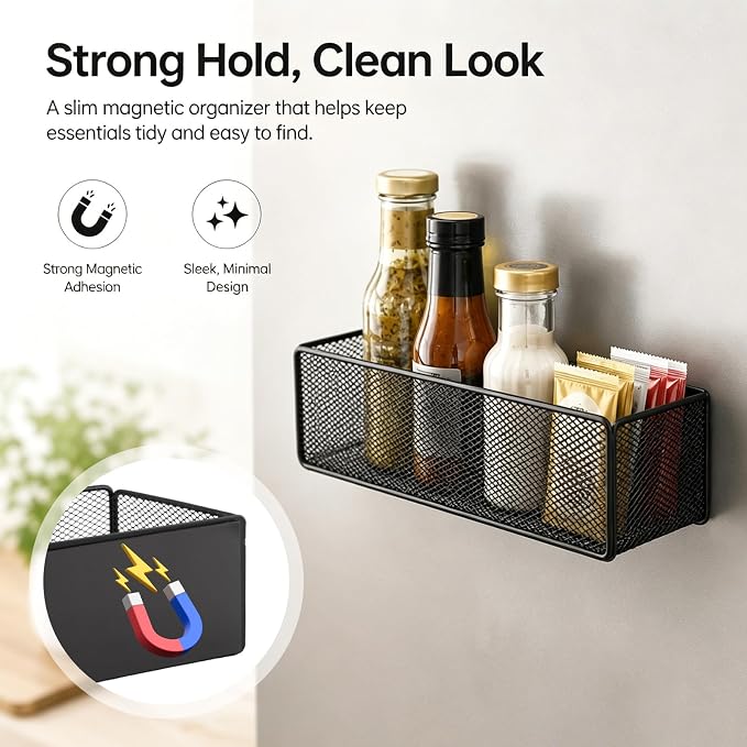 Magnetic Basket Organizer with 2 Hooks, Strong Magnetic Shelf for Fridge | Metal Mesh Storage Basket for Refrigerator, Kitchen, Garage, Office and Pegboard - Image 3