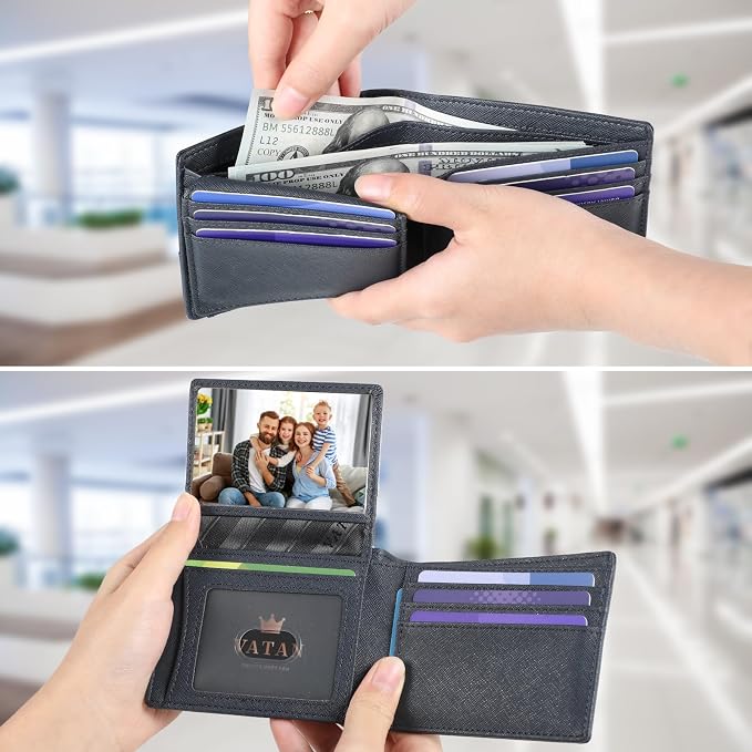 VATAN Wallet for Men Slim RFID Blocking Leather Credit Card Holder Wallet for 15 Cards, Bifold Minimalist Thin Wallet with 2 ID Windows & Cash Slot, With Gift Box (Cross Grain Deep Blue) - Image 3