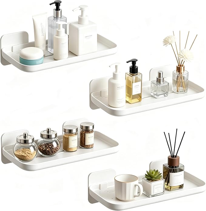 4 Pack Floating Shelves for Wall, Self Adhesive Small Shelf, No Drill Adhesive Wall Shelf, Floating Shelves Damage-Free Expand Walls Space for Living Room Kitchen Bathroom (White) by NGETC