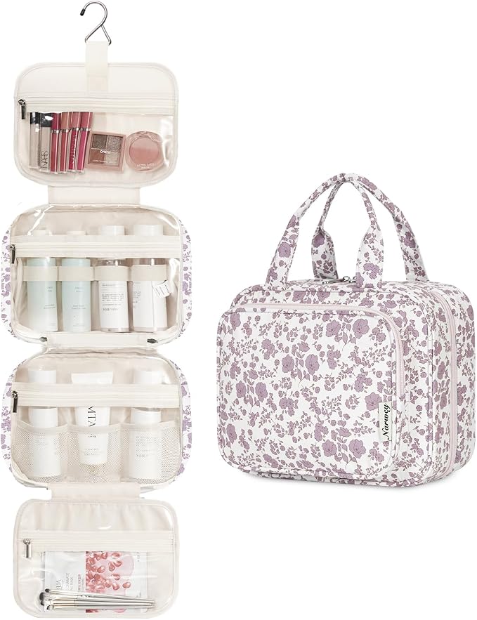 Narwey Hanging Floral Toiletry Bag for Women Travel Makeup Bag Organizer Toiletries Bag for Travel Size Essentials Accessories Cosmetics (Dusty Pink Flower (Medium)) - Image 2