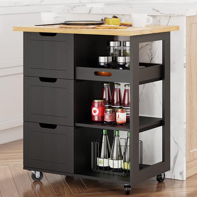 Shintenchi Kitchen Island Cart with Storage,Rolling Kitchen Island Storage Cabinet,Side Table on Wheels with Worktop,3 Open Shelves and 3 Drawers for Kitchen,Dinning Room, Black by Shintenchi%7CFurnitureMadeforRealLife