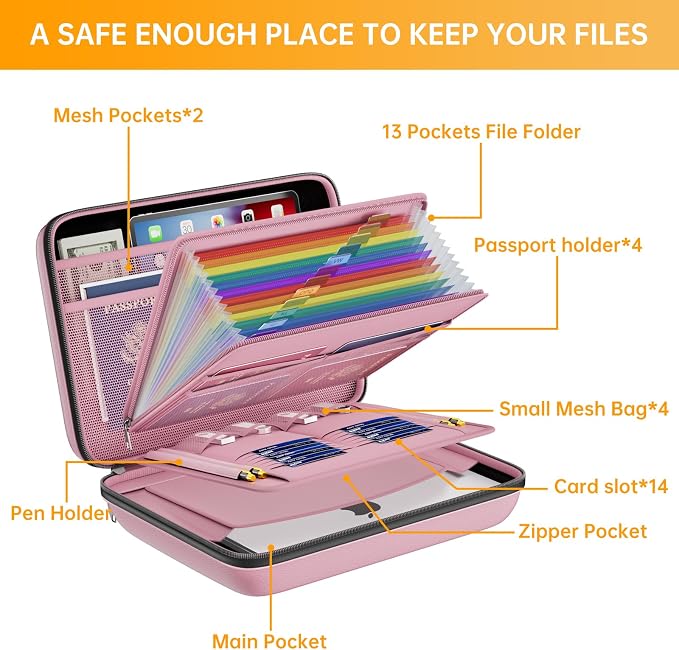 DocSafe Fireproof File Organizer with Lock, Hard-Shell Case Fireproof Document Box with 13 Pocket Accordion File Folder, Portable Home Office Travel Safe Storage for Important Documents Laptop Pink - Image 8