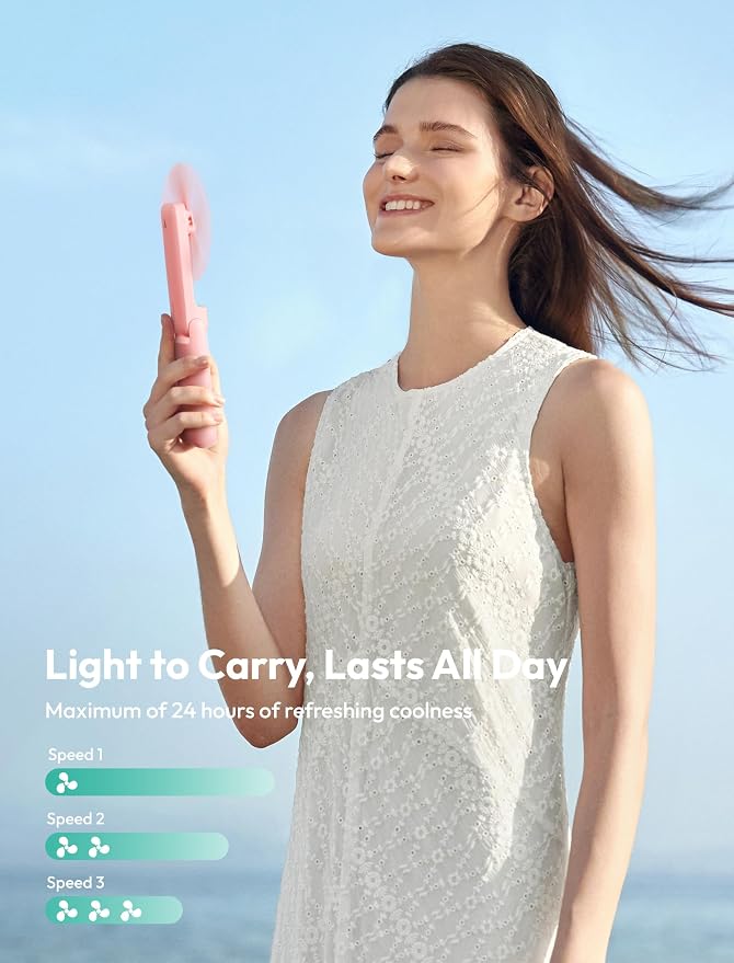 Aecooly Slim Portable Fan with Mirror, Thin Handheld Fan, USB Rechargeable | Mini Personal [24H Max Cooling Time], Battery Powered Small Foldable Pocket for Travel, Lash, Makeup, Gifts for Women -Pink - Image 5