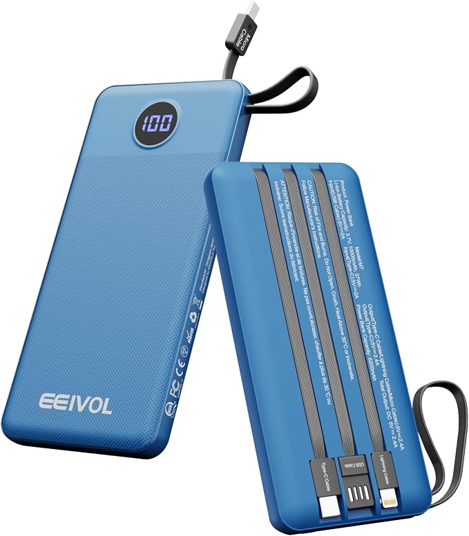 Portable Charger with Built in Cables, Slim 10000mAh Power Bank, USB C Battery Pack Travel, 4 Output 2 Input External Charging Bank for iPhone 17/16/15/14/13,Samsung, Android, etc-Blue(1 Pack) by EEIVOL