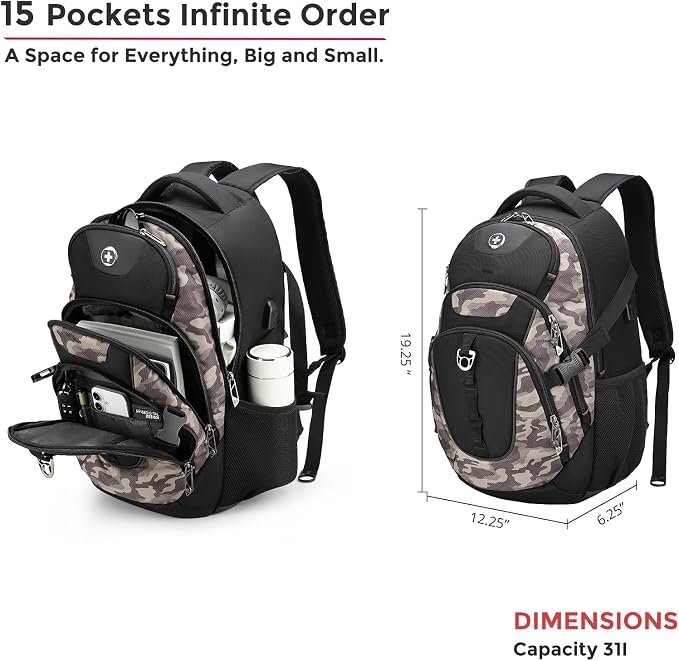 Swissdigital Design Laptop Backpack with USB Charging Port, Travel Backpack Fits 15.6 inches Computer, 31L College School Backpack for Men, Khaki Camo | SD803-94 - Image 5