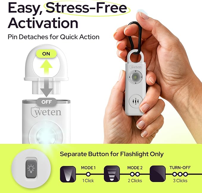 Personal Alarm for Women Safety, 130dB Loud Siren Keychain, TSA Safe, White | USB-C Charging, Carabiner Clip, Low Battery Alert, LED light, Self Defense for Women - Image 3