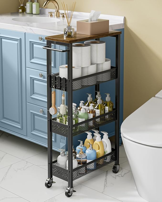 Slim Rolling Storage Cart 4 Tier Bathroom Organizer Mobile Shelving Unit Utility Cart with Wood Top and Handle for Kitchen Laundry Narrow Places, Black by Giwil