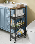 Slim Rolling Storage Cart 4 Tier Bathroom Organizer Mobile Shelving Unit Utility Cart with Wood Top and Handle for Kitchen Laundry Narrow Places, Black by Giwil