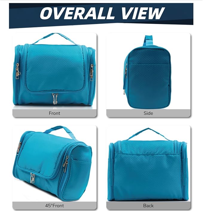 Buruis Hanging Toiletry Bag for Women and Men, Cosmetic Bag, Light Blue | Honeycomb Nylon Design, Large Capacity, Dual Zippers, Sturdy Hanging Hook, Full-Size Toiletry Storage, Cosmetic Essentials - Image 3