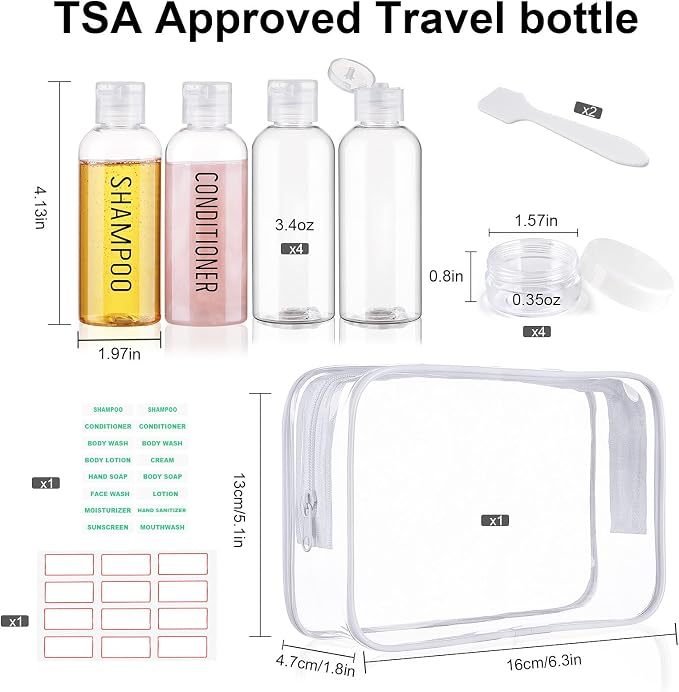 8 Pack 3.4oz TSA Approved Pre-print Travel Bottles for Toiletries | Travel Shampoo Bottles, Leak Proof, Plastic Squeeze Bottle, 0.35oz Small Cream Jars, and a Toiletry Bag - Image 2