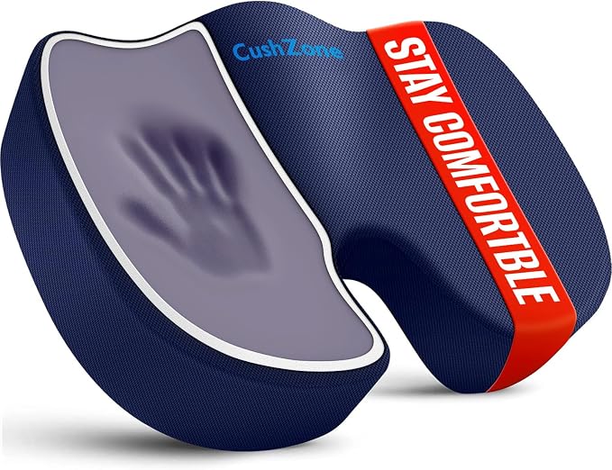 CushZone Memory Foam Seat Cushion for Office Car & Wheelchair, Blue | U-shaped Coccyx Cutout, Contoured Design, Breathable Removable Mesh Cover, Non-Slip Base, Carry Handle by CushZone