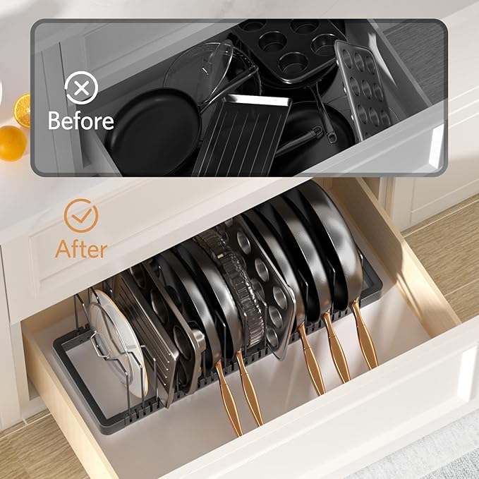 Pots and Pans Organizer under Cabinet, Expandable Pot Lid Organizer Holder with 12 Adjustable Compartment, Pan Organizers inside Cabinet for Lids, Bakeware, Kitchen Storage Pot Rack, Black - Image 5