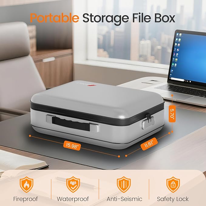 Fireproof Document Box with Lock, 5200°F Fireproof Water Resistant Hard Case File Organizer Safe Box for Important Documents, Certificates, Laptop, Passports (Sliver) - Image 2