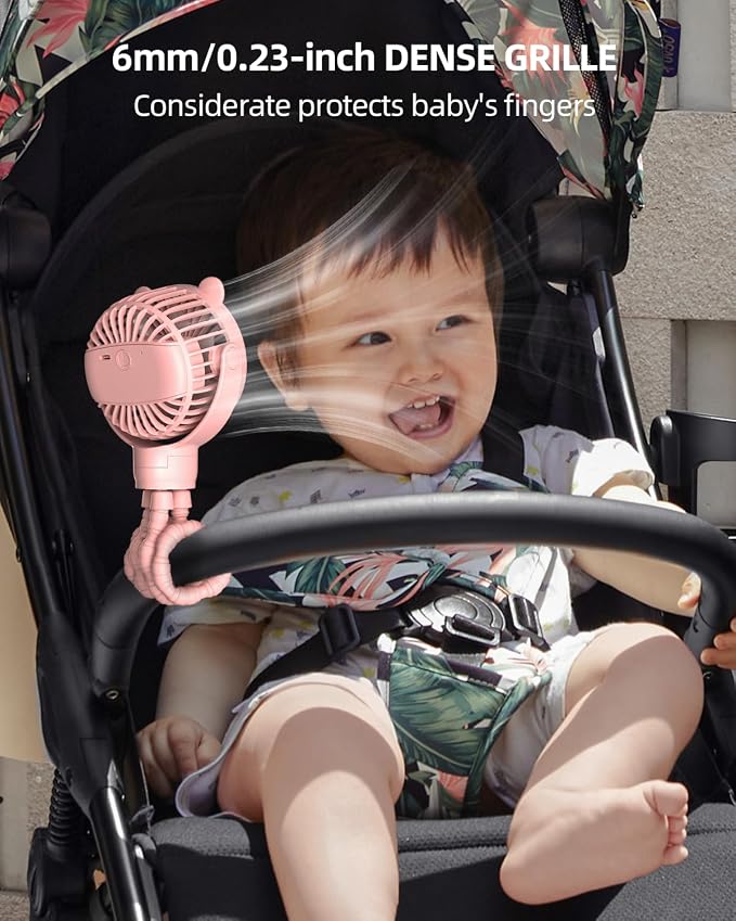 buywoo Portable Stroller Mini Fan, Small Rechargeable Personal Cooler w/ 360° Rotation, Baby Essentials for Car Seat, Crib, Bike, Treadmill, 3-Speed Battery Powered Stroller Accessories, Pink - Image 2