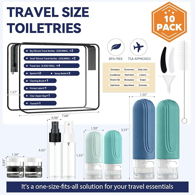 Travel Bottles for Toiletries 10 Pack, TSA Approved Travel Size Toiletries Essentials Containers Set, Leak Proof Silicone Bottles Kit, Refillable Liquid & Creams Accessories (GREEN) - Image 3