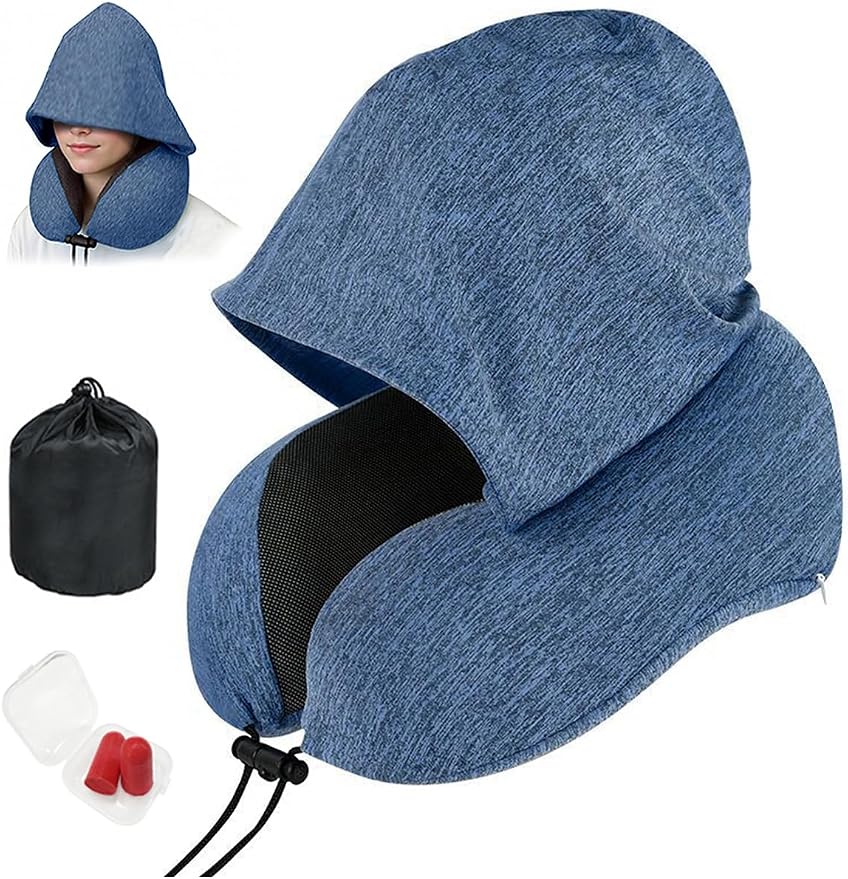 Travel Neck Pillow with Hood Memory Foam for Airplane | Ergonomic Neck Support,Adjustable Drawstring,Light Blocking Design,Removable Cover,Long Flight Comfort,Blue by BAIKEA