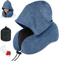 Travel Neck Pillow with Hood Memory Foam for Airplane | Ergonomic Neck Support,Adjustable Drawstring,Light Blocking Design,Removable Cover,Long Flight Comfort,Blue by BAIKEA