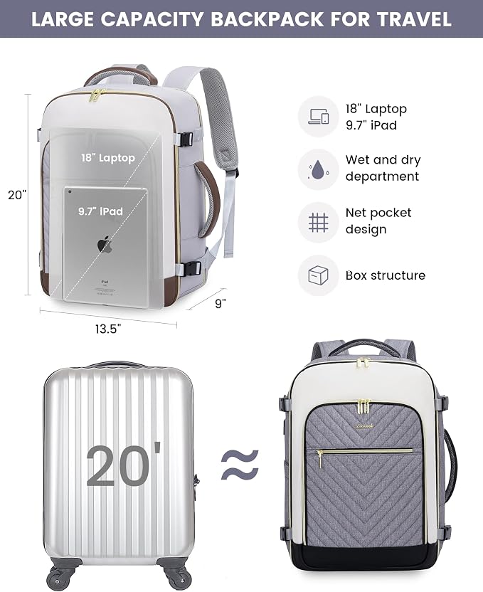 LOVEVOOK Large Travel Backpack for Women, 50L Carry on Backpack Airplane Approved, TSA Personal Item Travel Bag for Women fits 18" Laptop, Waterproof Carry on Bags for airplanes with 3 Packing Cubes - Image 5