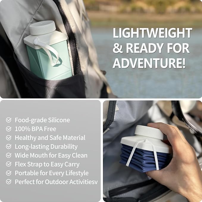 Collapsible Water Bottles, 24 oz (720 ml), Portable Travel Water Bottle | Leakproof & Reusable, Lightweight Foldable Water Bottle for Traveling, Hiking, School, Sports & Outdoor, 2 Pack (Green+Gray) - Image 3