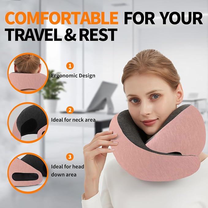 Travel Neck Pillow Airplane, Memory Foam Travel Pillows for Comfort on Sleeper Hold Compact and Ergonomic Design for Traveling Car Rides Home Road Trip Essentials for Adults and Kids (Pink) - Image 3