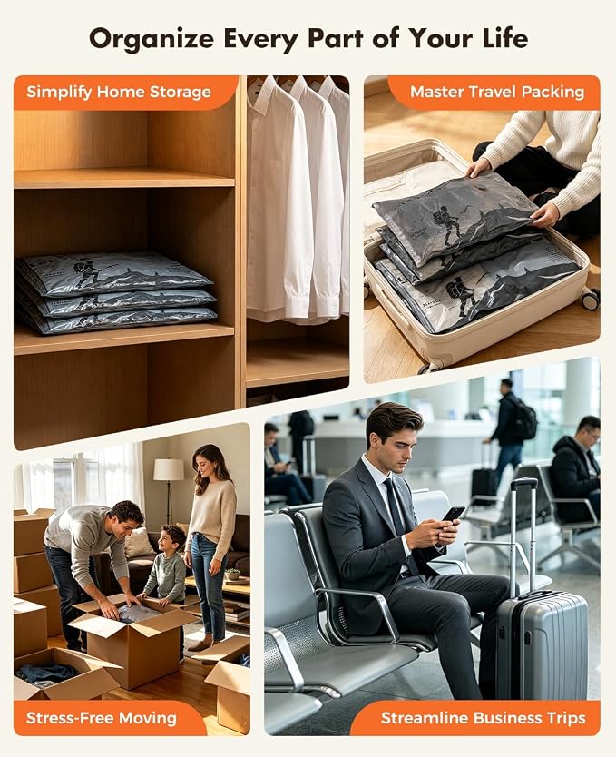 Vacuum Storage Bags with Electric Pump,Covers -60kPa Vacuum Seal Bags for Clothing Devices, Travel Bags with Portable Cordless Pump Included, Compatible with Bags 20 Combo Set - Image 8
