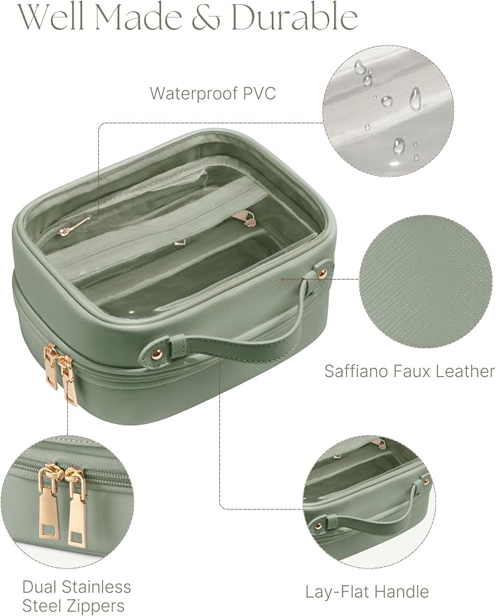 Clear Cosmetic Bag Double Layer Travel Toiletry Bag Clear Makeup Bag Case with 4 Compartments, Transparent Travel Bag for Toiletries, Large Toiletry Bag for Women Cosmetic Case (Sage Green, Small) - Image 6
