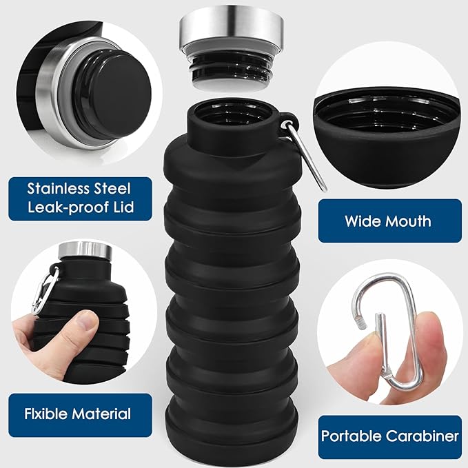 4 Pack Collapsible Water Bottles, 16oz Portable Reusable Silicone Water Bottle, Foldable Water Bottles for Travel Gym Camping Hiking, Leak Proof Sports Water Bottle with Carabiner (Deep Color) - Image 3