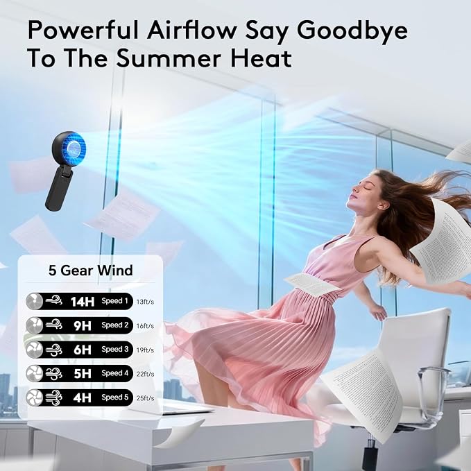 ZOZOO Portable Fan, USB Rechargeable 194°Folding Handheld Fan,5 Speed&LED Display &High Power Motor Table Fan, 3 IN 1 Quiet Strong personal Neck fans for Travel,Camping,Beach (Black) - Image 4