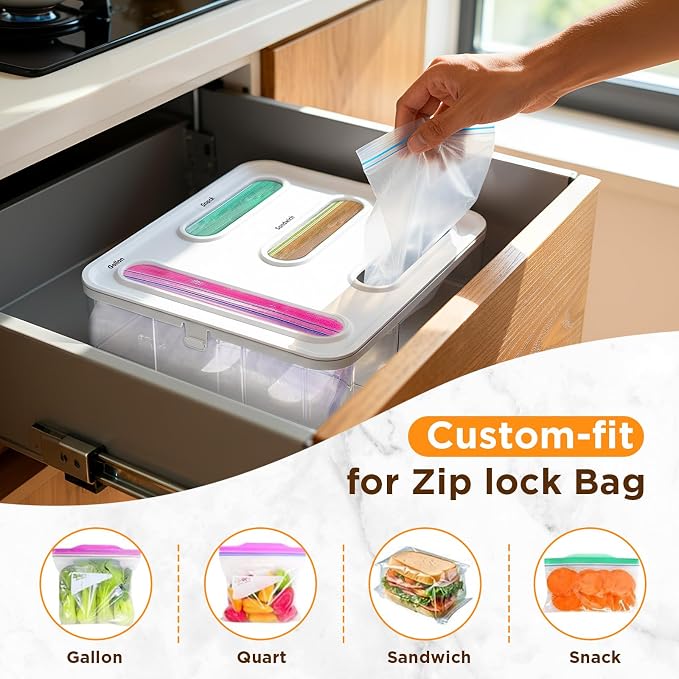 OUTXE Bag Organizer for Drawer + Fridge, Magnetic Kitchen Baggie Storage | Pantry Organization for Ziplock Plastic Food Bags | Compatible with Snack Sandwich Quart Gallon (White) | Pantry Organization for Ziplock Plastic Food Bags | Compatible with Sna... - Image 6
