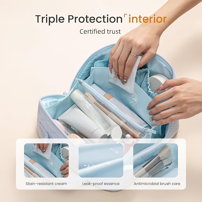 LOVEVOOK Travel Makeup Bag for Women, 2Pcs Puffer Waterproof Cosmetic Organizer, Large Capacity Pouch Open Flat Small Toiletry Bag with Brush Compartment & Handle (Blue, Large) - Image 3