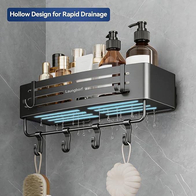 Rectangle Shower Caddy Suction Cup, Gray (3 Pack) | Rustproof aluminum shelf with towel bar & hooks. No-drill suction mount. Removable bathroom storage - Image 4