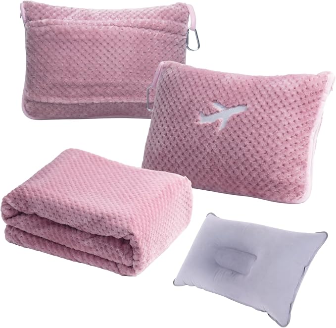 3 in 1 Travel Blanket Pillow Set - 350 GSM Thick Travel Blanket Airplane Compact with Bag, Soft Bag with a Pocket, Inflatable Travel Pillow for Camping & Car Trip (Blush Pink) by Nenolix