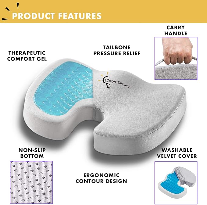 Large Seat Cushion with Carry Handle and Anti Slip Bottom, Large Gel Memory Foam Seat Cushion - Orthopedic Gel & Memory Foam - Coccyx Cushion for Tailbone Pain – Sciatica & Back Pain Relief (Grey) - Image 2