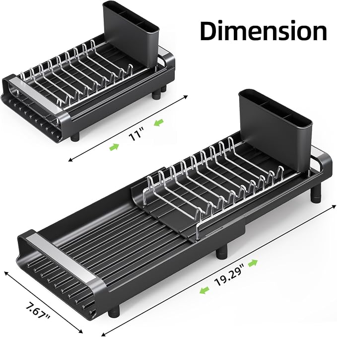 TOOLF Small Dish Drying Rack, Expandable and Space-Saving, Matte Black | Mini Dish racks for kitchen counter, Compact Design Fits Sink or Counter, Stainless Steel Plate Rack, 11"-19.3"L×7.7"W×3.54"H - Image 8