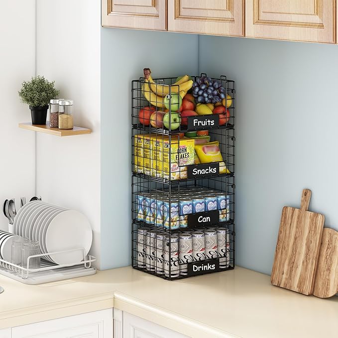 JKsmart 4 Pack XL Stackable Wire Baskets, Pantry Organizers and Storage | Pantry Baskets with Handles and Name Plates, Muti-Purpose for Snack Organizer & Vegetable Basket & Fruit Basket & Snack Rack - Image 5