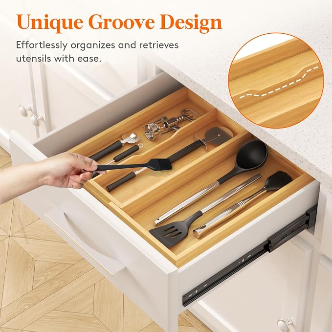 Lifewit Bamboo Utensil Organizer for Kitchen Drawer, Cooking Utensil Tray | Expandable Cutlery Silverware Flatware Holder, Wood Adjustable Spatula Tools Storage Divider, 8.9-15.8 x 15.75", Natural - Image 7