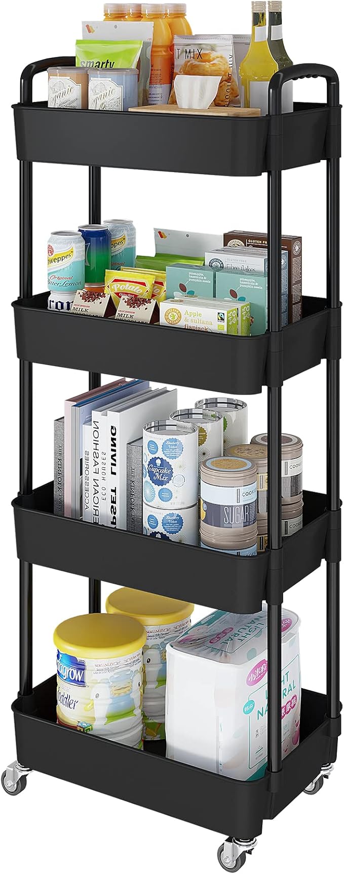 Laiensia 4-Tier Rolling Cart with Wheels,Multifunction Utility Storage Carts, Kitchen Storage Organizer,Mobile Shelving Unit for Bathroom,Laundry,with Classified Stickers,Black by Laiensia